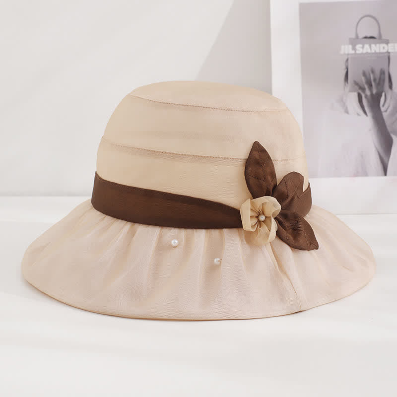 Chapeau de soleil en soie à large bord orné de perles et de fleurs pour femme