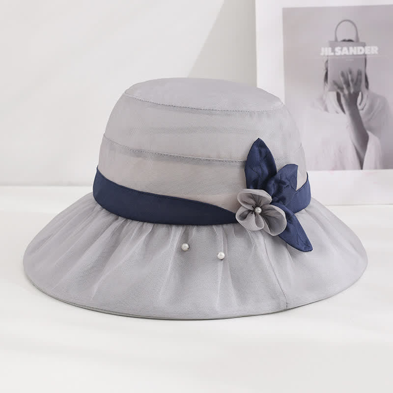 Chapeau de soleil en soie à large bord orné de perles et de fleurs pour femme