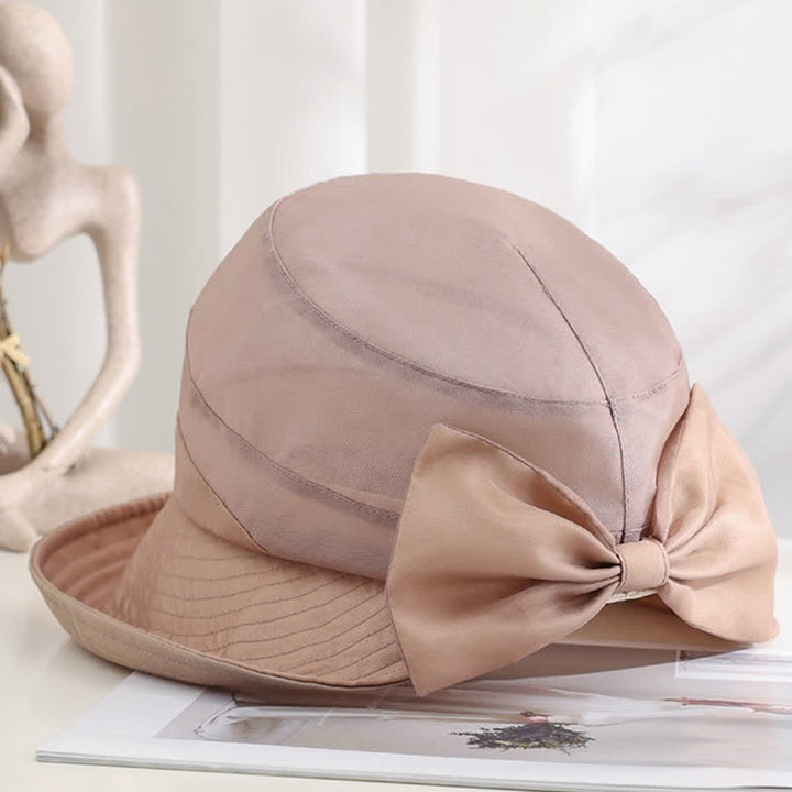 Chapeau de soleil pliable en soie à large bord et nœud papillon pour femme