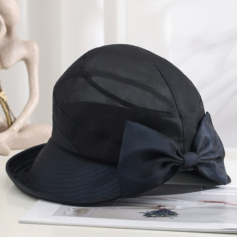 Chapeau de soleil pliable en soie à large bord et nœud papillon pour femme