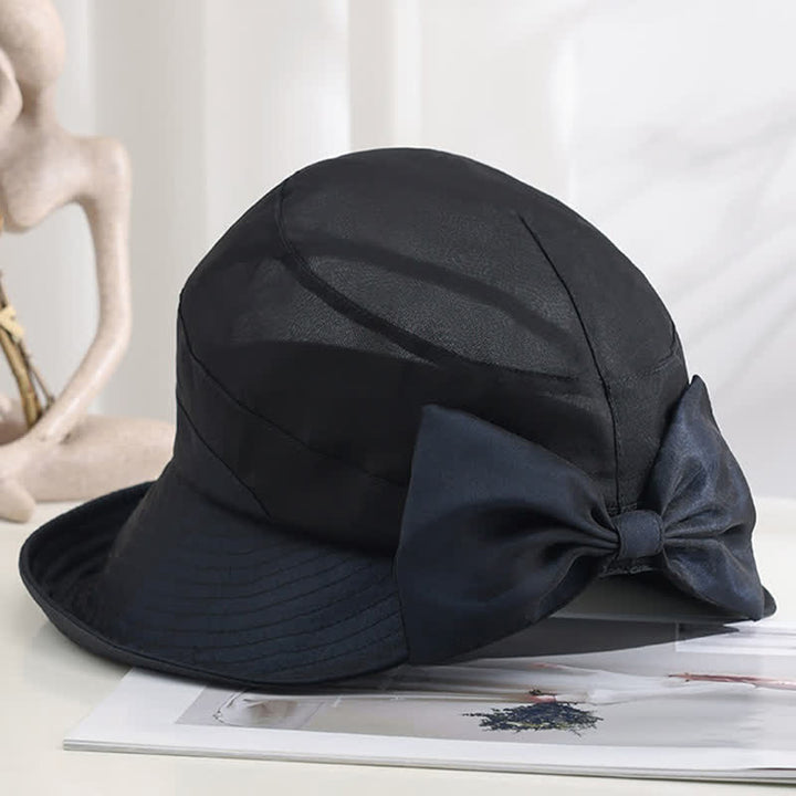 Chapeau de soleil pliable en soie à large bord et nœud papillon pour femme