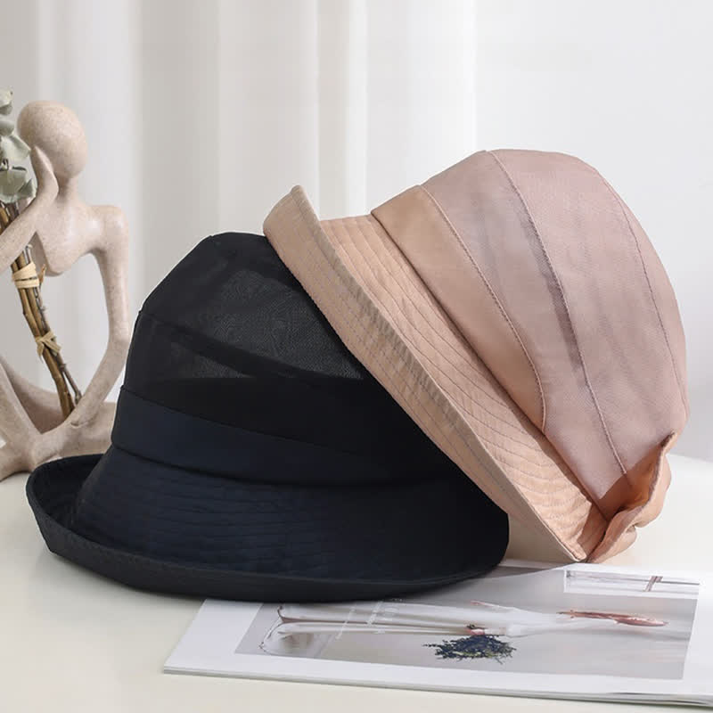 Chapeau de soleil pliable en soie à large bord et nœud papillon pour femme