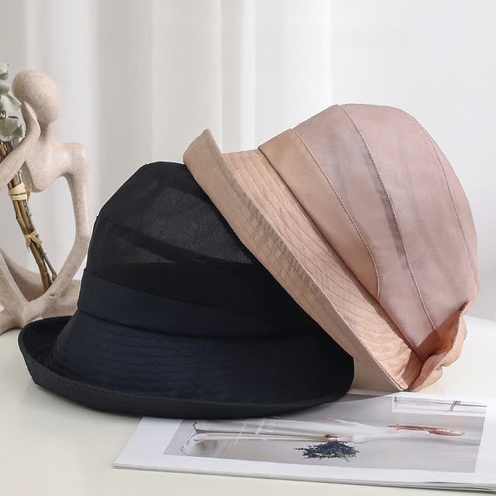 Chapeau de soleil pliable en soie à large bord et nœud papillon pour femme