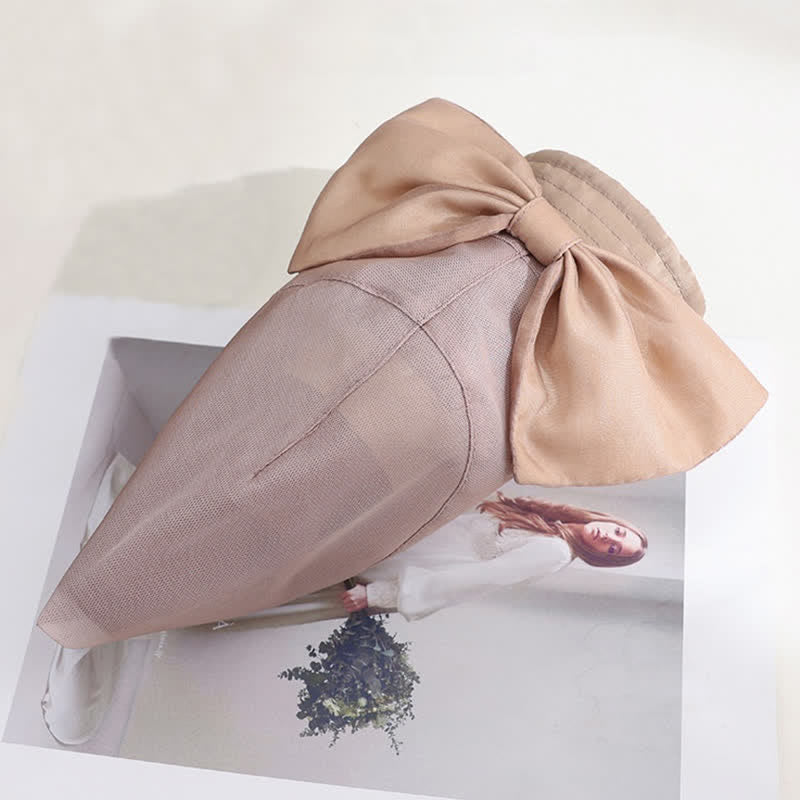Chapeau de soleil pliable en soie à large bord et nœud papillon pour femme