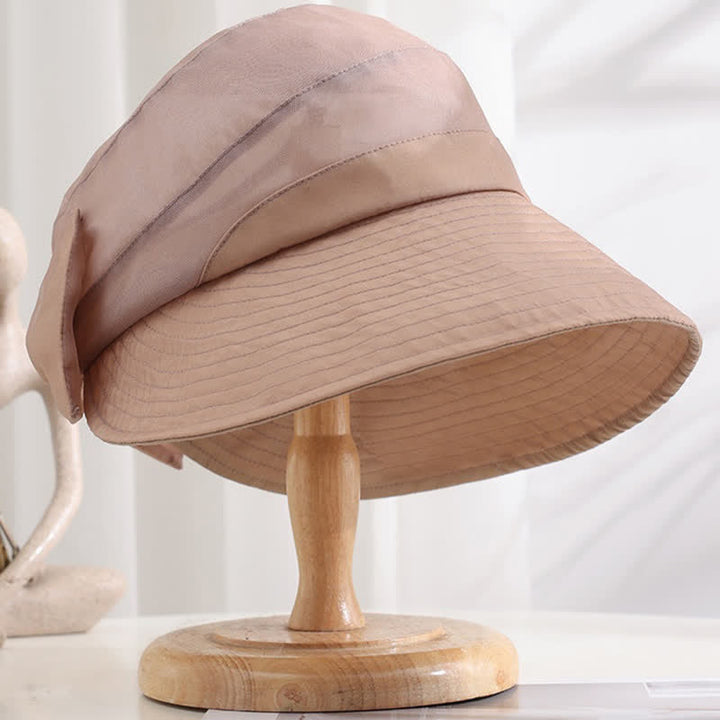 Chapeau de soleil pliable en soie à large bord et nœud papillon pour femme