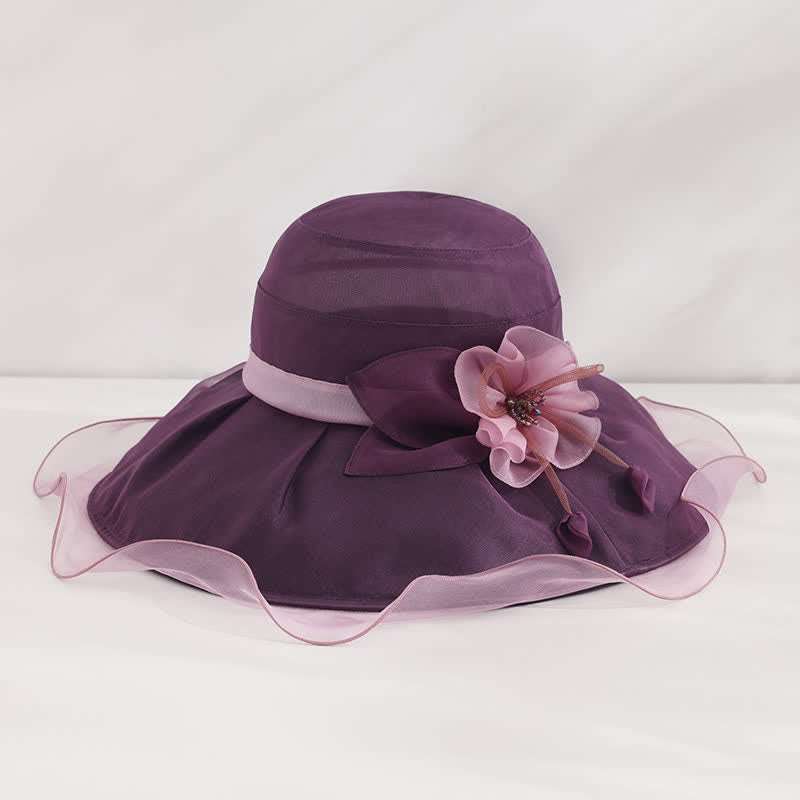 Chapeau de soleil pliable en soie à large bord ondulé et motif floral pour femme