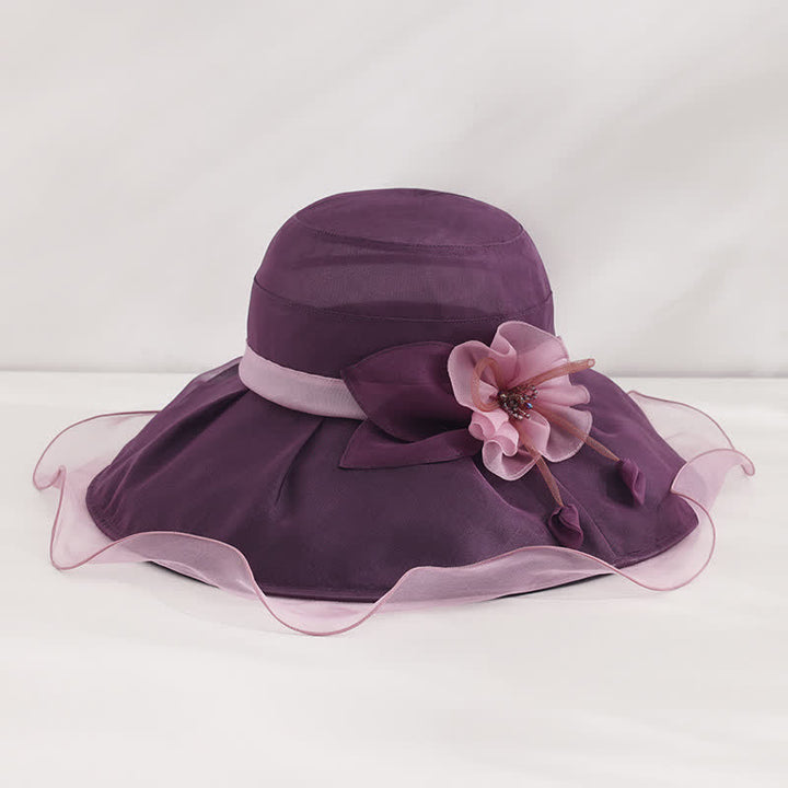 Chapeau de soleil pliable en soie à large bord ondulé et motif floral pour femme