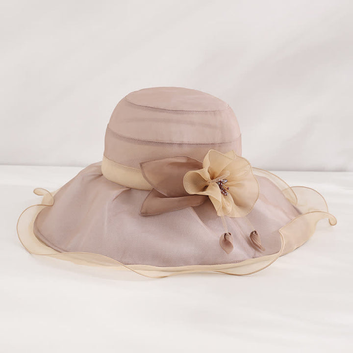 Chapeau de soleil pliable en soie à large bord ondulé et motif floral pour femme