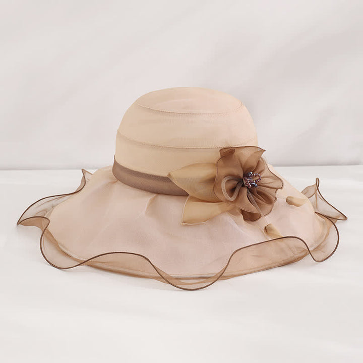 Chapeau de soleil pliable en soie à large bord ondulé et motif floral pour femme
