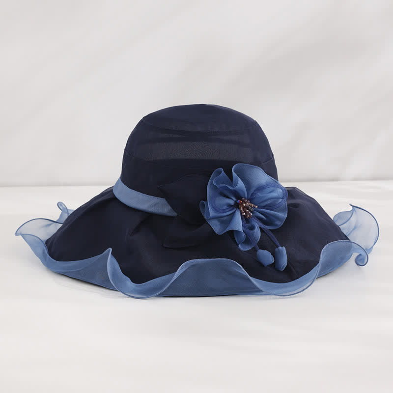 Chapeau de soleil pliable en soie à large bord ondulé et motif floral pour femme