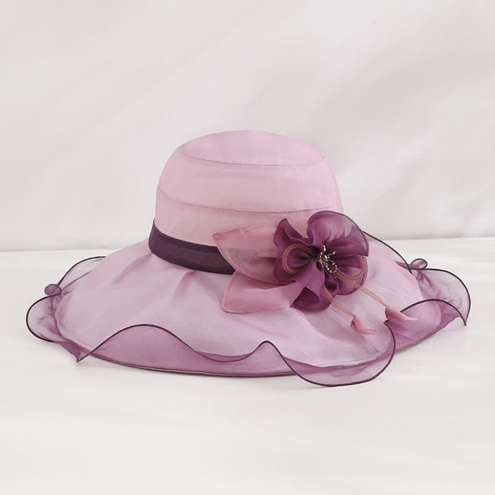 Chapeau de soleil pliable en soie à large bord ondulé et motif floral pour femme