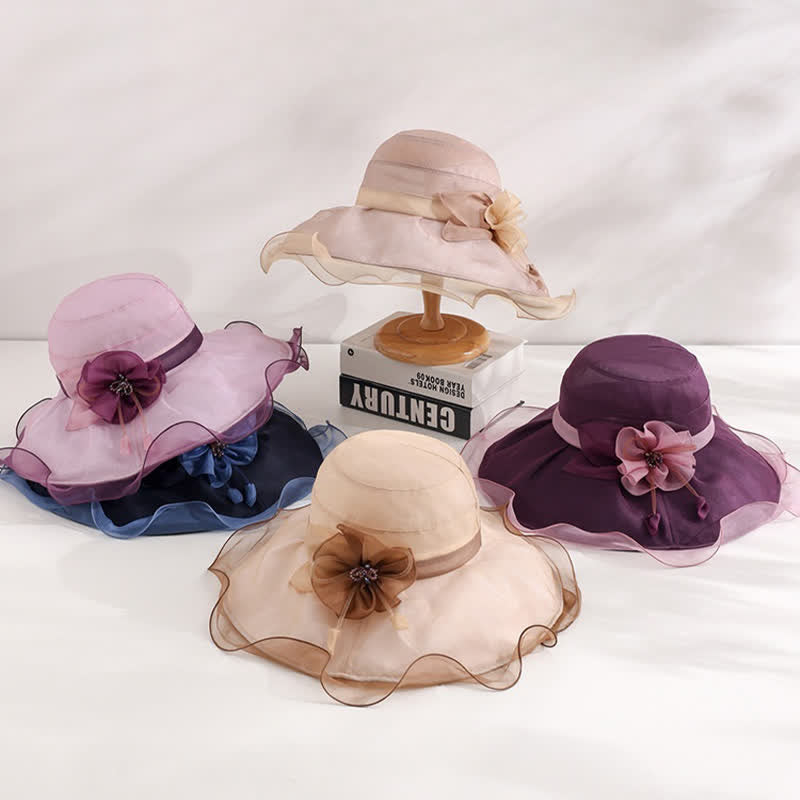 Chapeau de soleil pliable en soie à large bord ondulé et motif floral pour femme