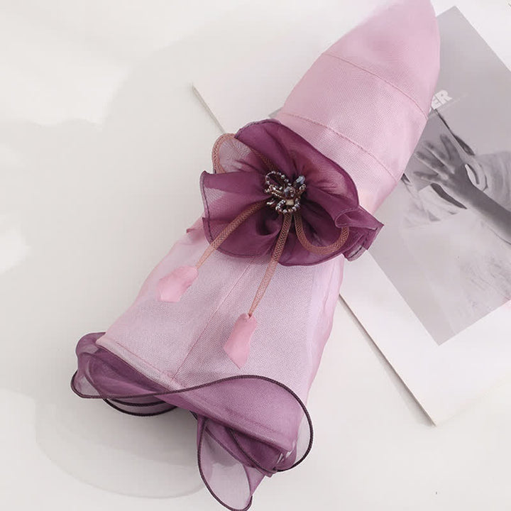 Chapeau de soleil pliable en soie à large bord ondulé et motif floral pour femme