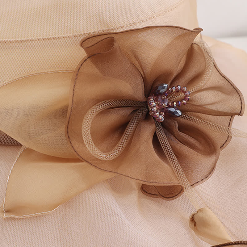 Chapeau de soleil pliable en soie à large bord ondulé et motif floral pour femme