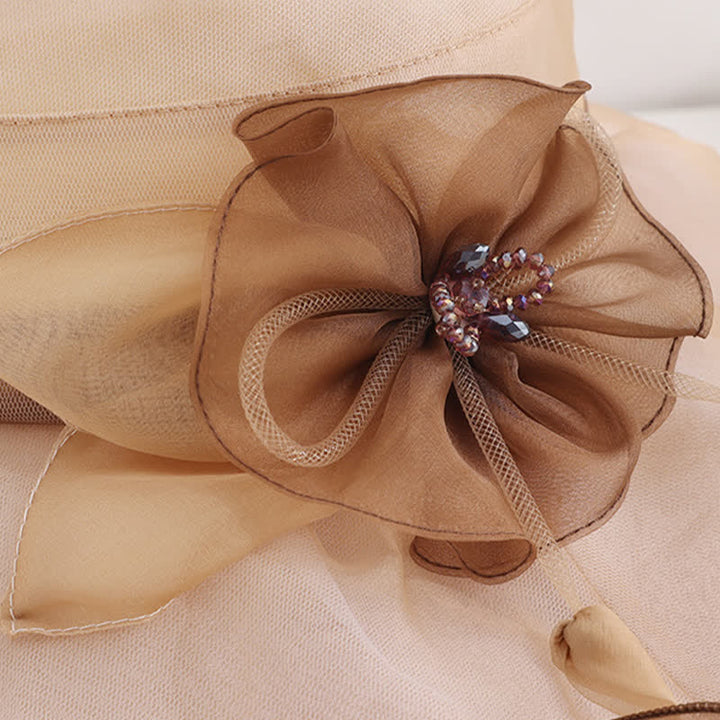 Chapeau de soleil pliable en soie à large bord ondulé et motif floral pour femme
