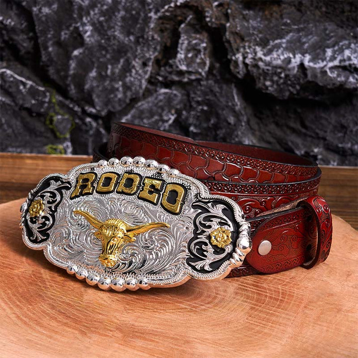 Ceinture en cuir à grande boucle Rodeo Silver & Gold DIY avec tête de taureau - Prière - Ceinture marron sculptée - 42 - image 8