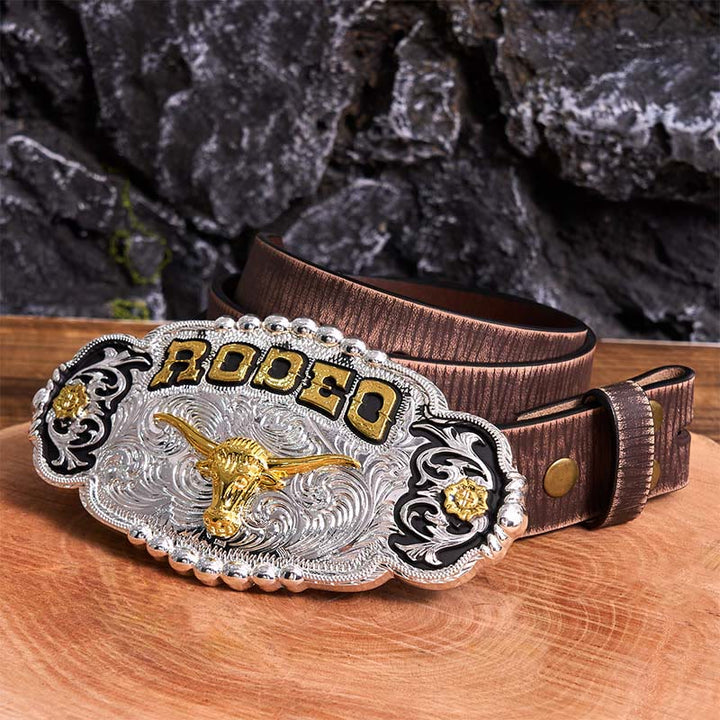 Ceinture en cuir à grande boucle Rodeo Silver & Gold DIY avec tête de taureau - Prière - Ceinture marron vieillie - 42 - image 7