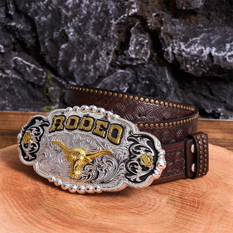 Ceinture en cuir à grande boucle Rodeo Silver & Gold DIY avec tête de taureau - Prière - Ceinture à rivets marron - 42 - image 6