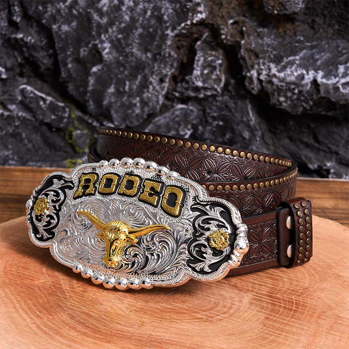 Ceinture en cuir à grande boucle Rodeo Silver & Gold DIY avec tête de taureau - Prière - Ceinture à rivets marron - 42 - image 6