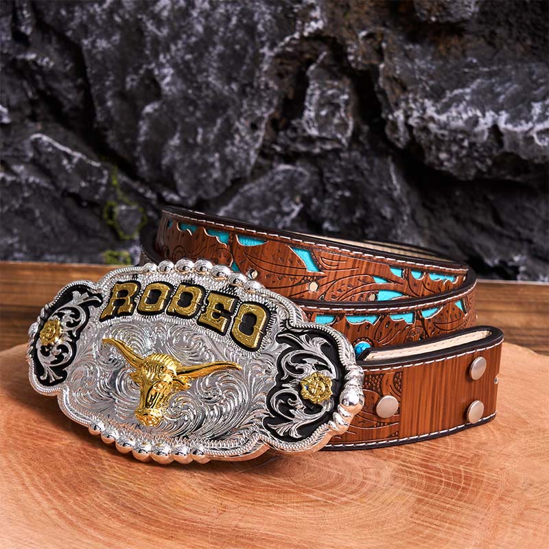 Ceinture en cuir à grande boucle Rodeo Silver & Gold DIY avec tête de taureau - Prière - Ceinture sculptée en turquoise - 42 - image 5