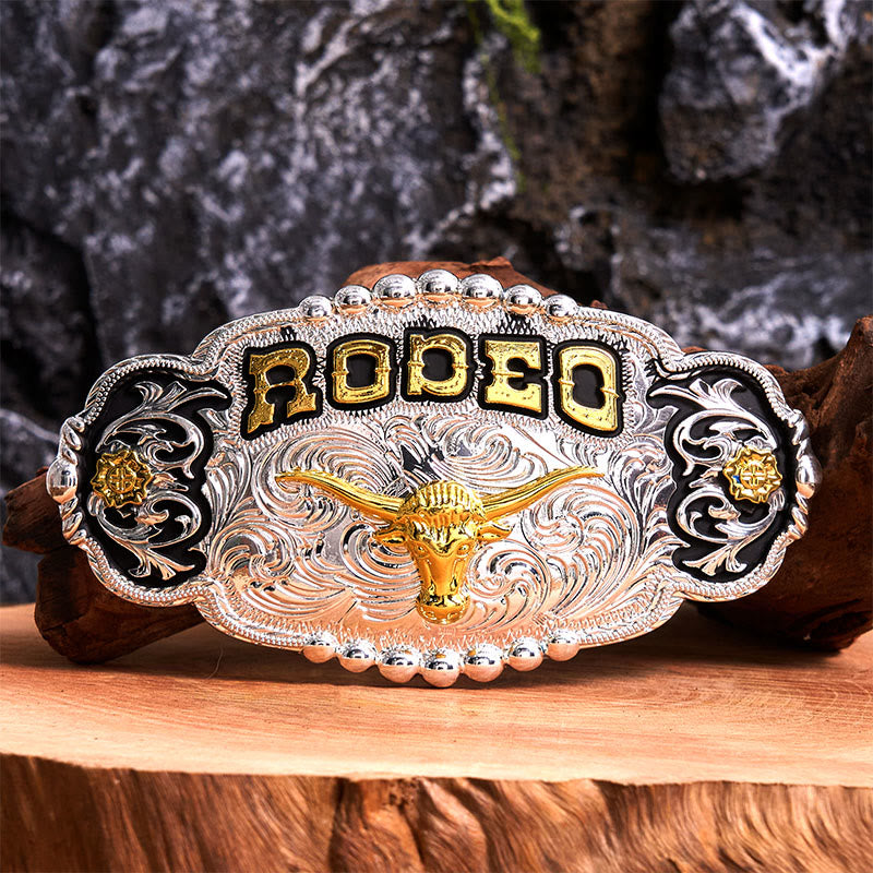 Ceinture en cuir à grande boucle Rodeo Silver & Gold DIY avec tête de taureau - Prière - Sans ceinture - Ceinture non incluse - image 1