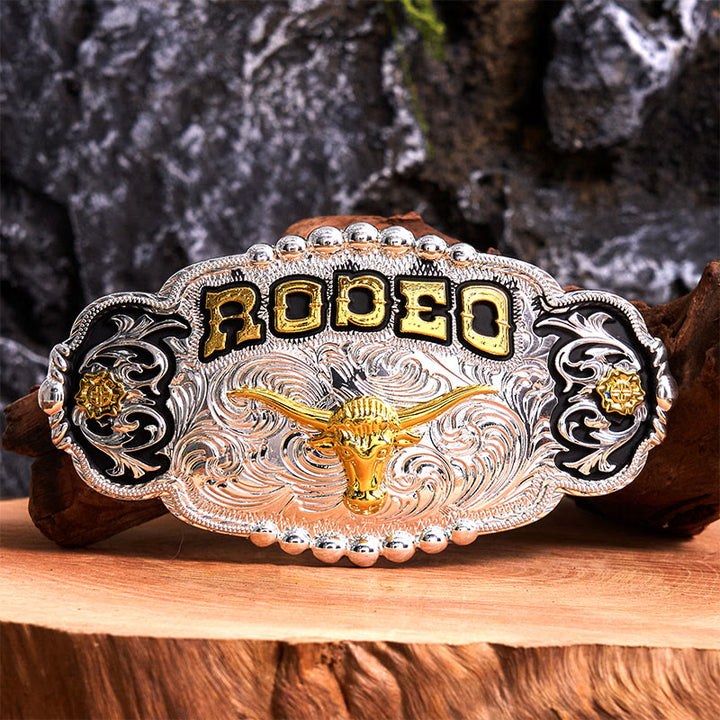 Ceinture en cuir à grande boucle Rodeo Silver & Gold DIY avec tête de taureau - Prière - Sans ceinture - Ceinture non incluse - image 1