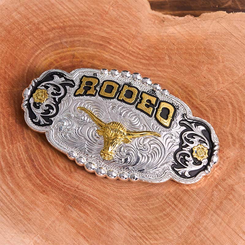Ceinture en cuir à grande boucle Rodeo Silver & Gold DIY avec tête de taureau - image 2