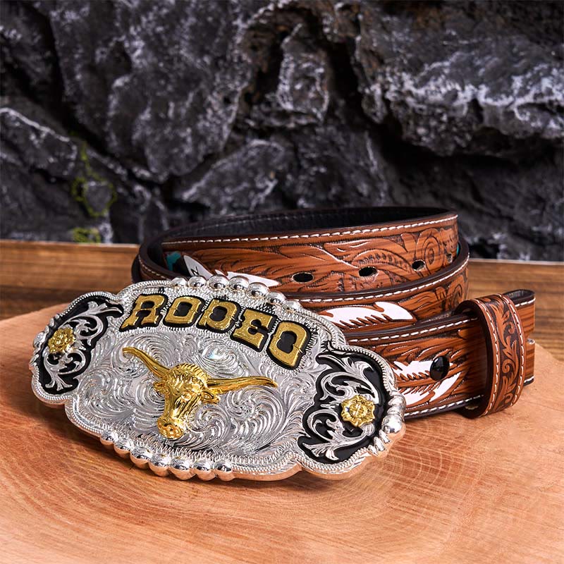 Ceinture en cuir à grande boucle Rodeo Silver & Gold DIY avec tête de taureau - Prière - Ceinture à plumes marron - 40 - image 9
