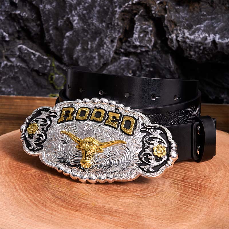 Ceinture en cuir à grande boucle Rodeo Silver & Gold DIY avec tête de taureau - Prière - Ceinture noire avec aigle en relief - 42 - image 4