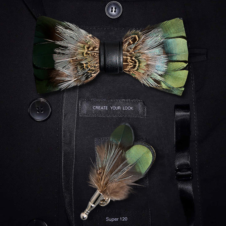 Nœud papillon en plumes de faisan vert forêt pour enfant avec épingle à revers
