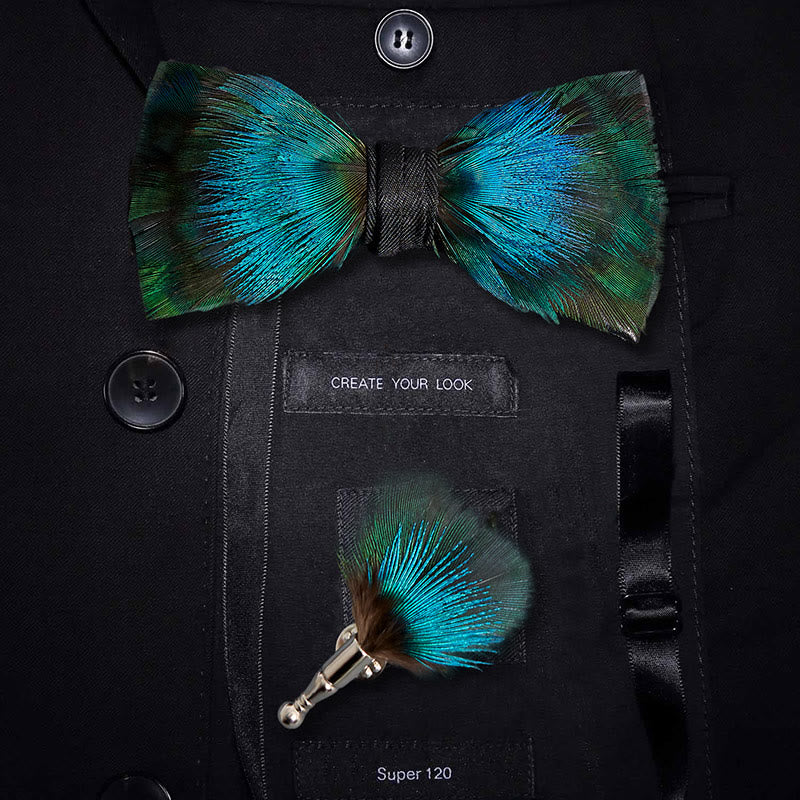 Nœud papillon Aurora bleu et vert à plumes pour enfant avec épingle à revers - Adulte - image 1