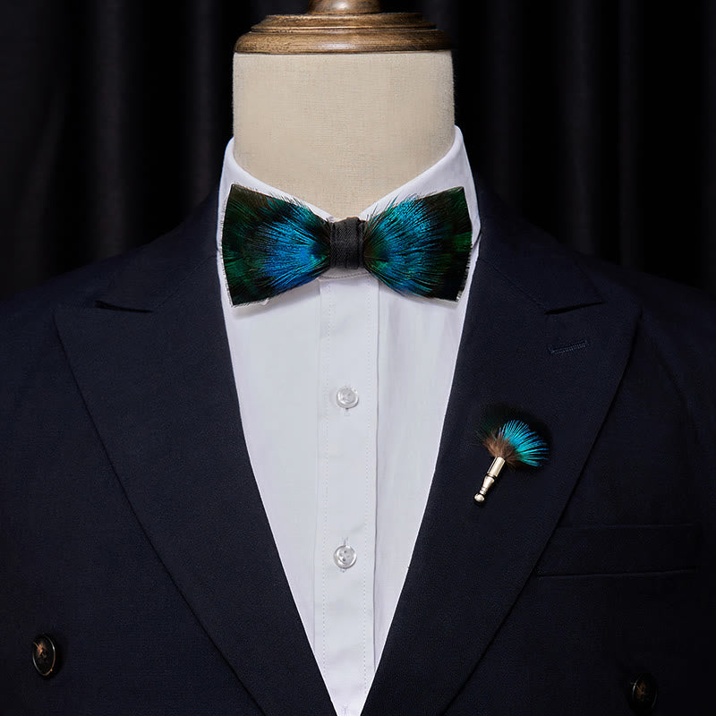 Nœud papillon Aurora bleu et vert à plumes pour enfant avec épingle à revers - image 2