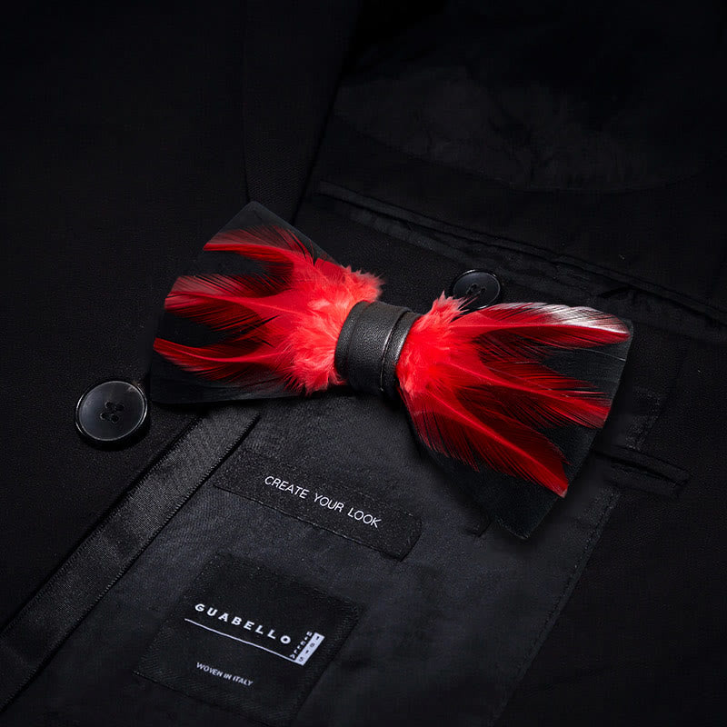 Nœud papillon pré-noué en plumes rouge blanc bordeaux - image 2