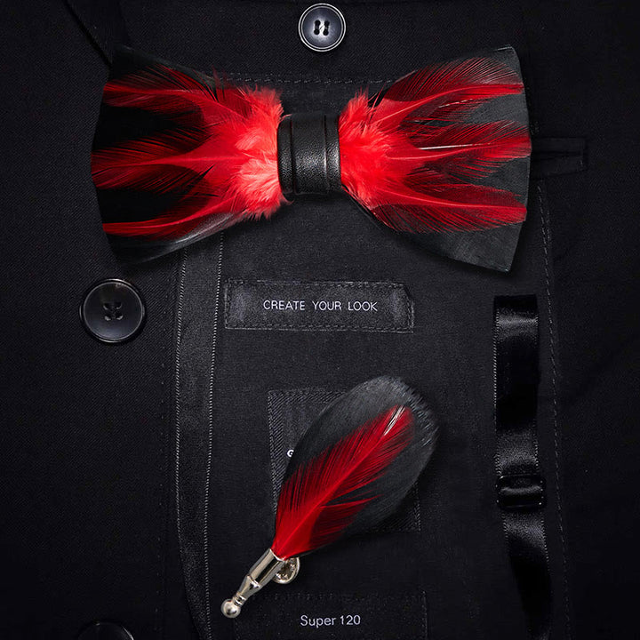 Nœud papillon pré-noué en plumes rouge blanc bordeaux