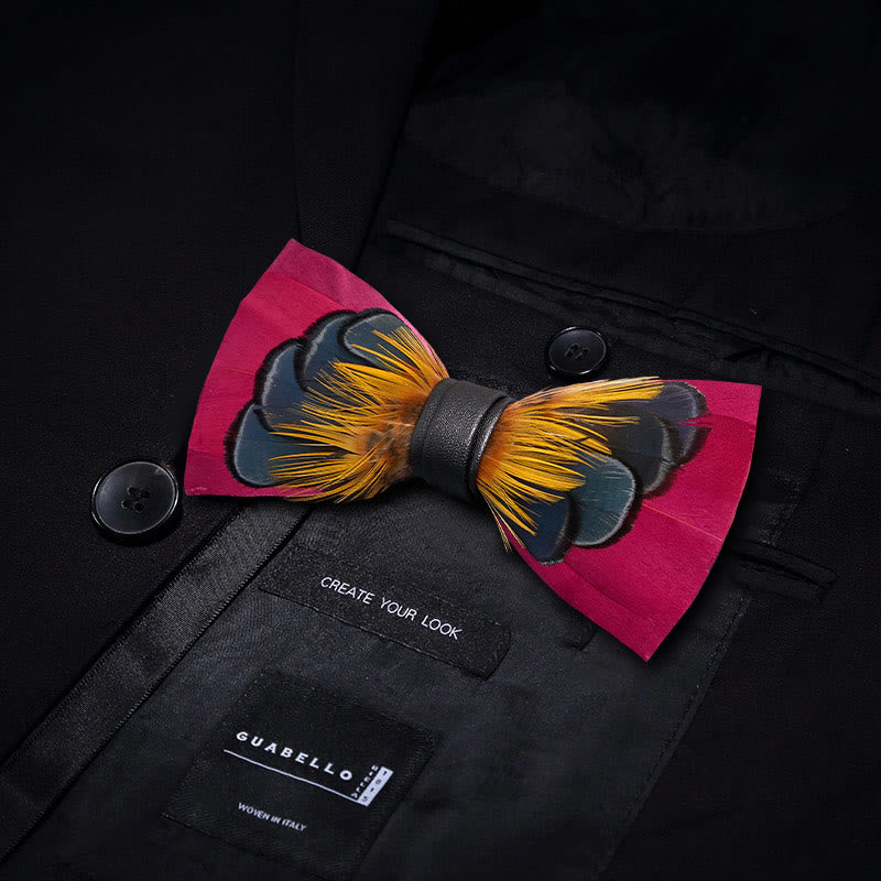 Nœud papillon à plumes symétriques rose et orange pour enfant avec épingle à revers - image 3