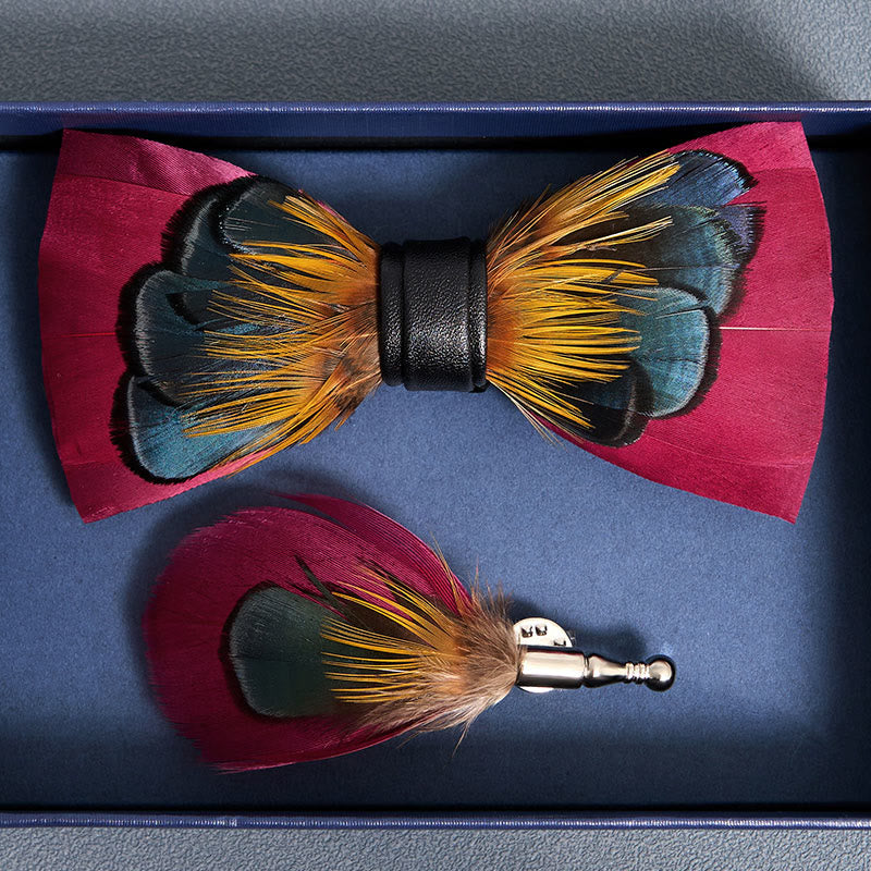 Nœud papillon à plumes symétriques rose et orange pour enfant avec épingle à revers - image 4