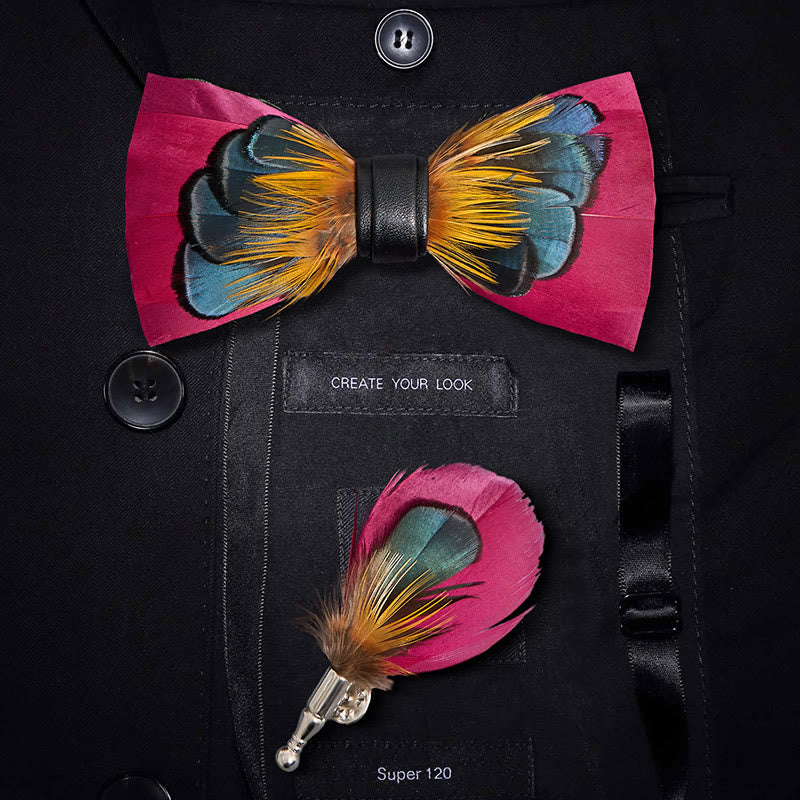 Nœud papillon à plumes symétriques rose et orange pour enfant avec épingle à revers - Adulte - image 1