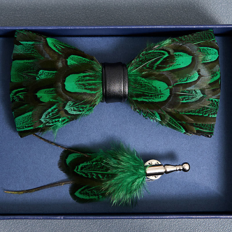 Nœud papillon en plumes de paon vert forêt et noir avec épingle à revers