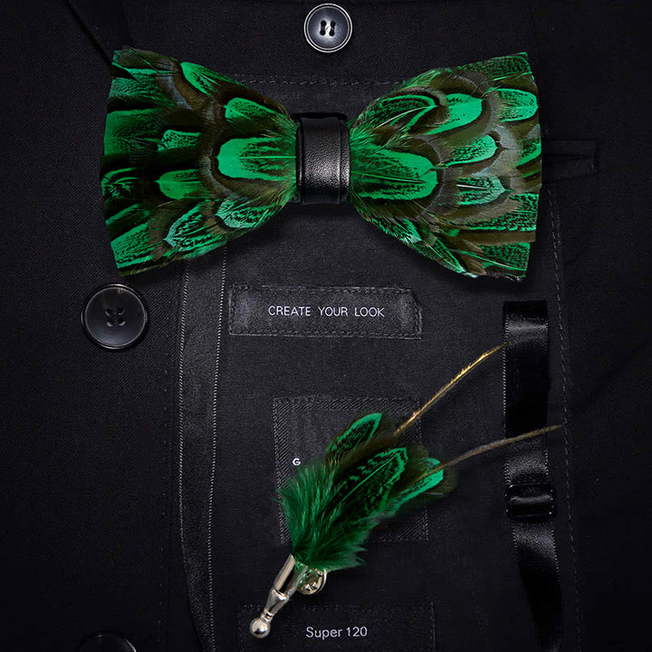 Nœud papillon en plumes de paon vert forêt et noir avec épingle à revers