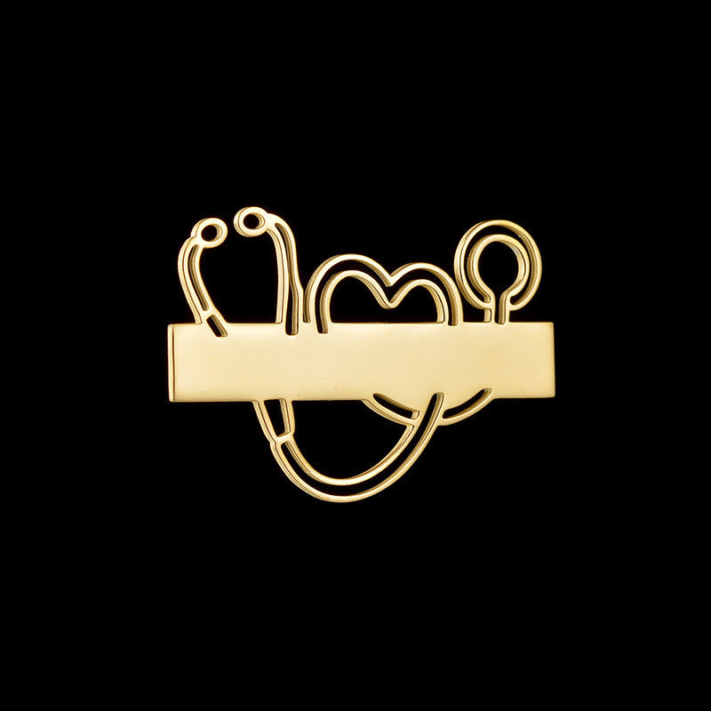 Broche stéthoscope à longue bande dorée personnalisée avec votre nom