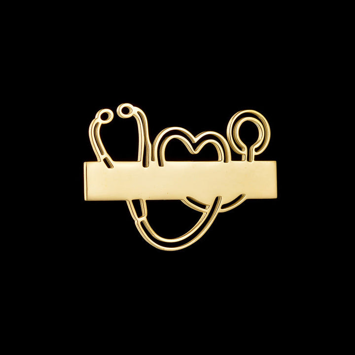 Broche stéthoscope à longue bande dorée personnalisée avec votre nom