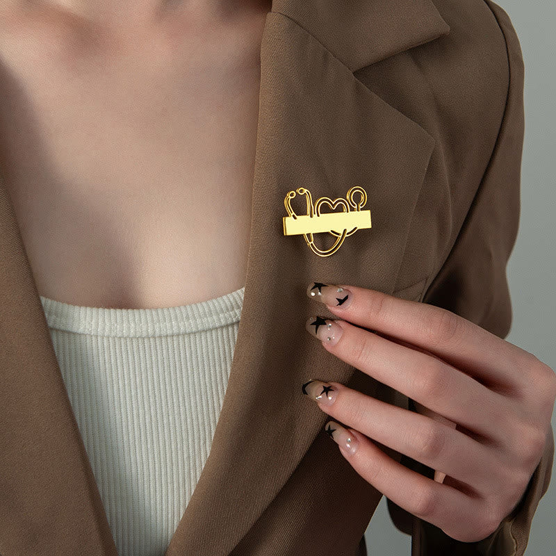 Broche stéthoscope à longue bande dorée personnalisée avec votre nom