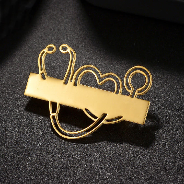 Broche stéthoscope à longue bande dorée personnalisée avec votre nom