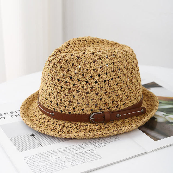 Chapeau Fedora en paille ajourée avec lanière décorative en cuir pour homme