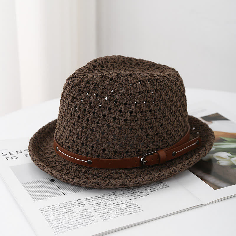 Chapeau Fedora en paille ajourée avec lanière décorative en cuir pour homme