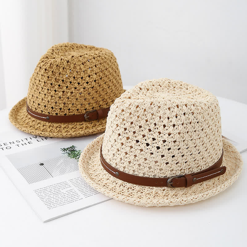 Chapeau Fedora en paille ajourée avec lanière décorative en cuir pour homme