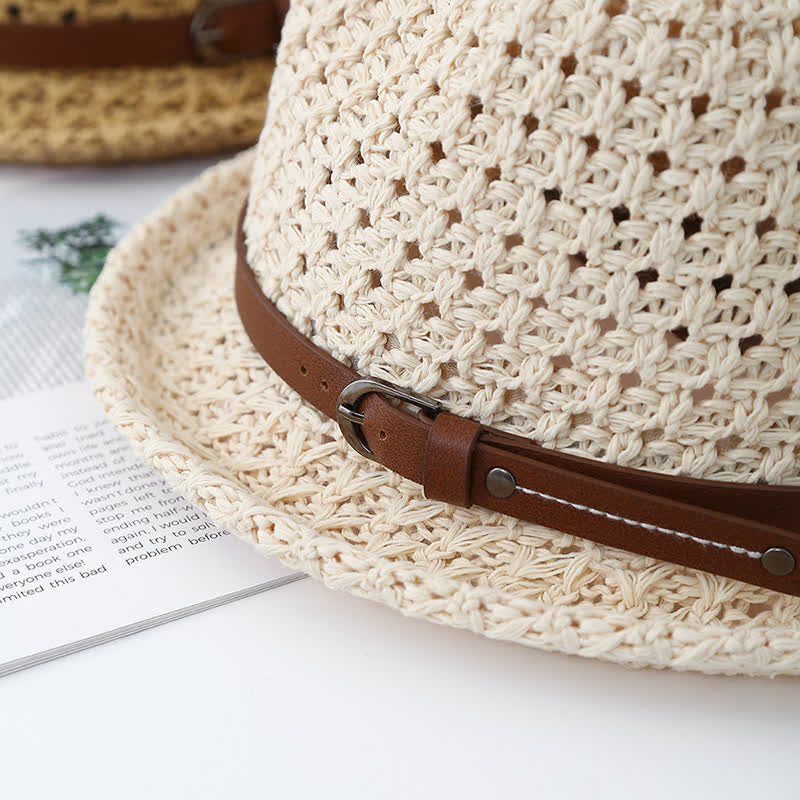 Chapeau Fedora en paille ajourée avec lanière décorative en cuir pour homme