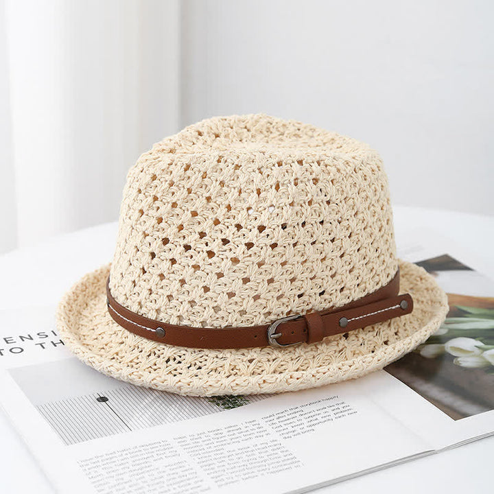 Chapeau Fedora en paille ajourée avec lanière décorative en cuir pour homme
