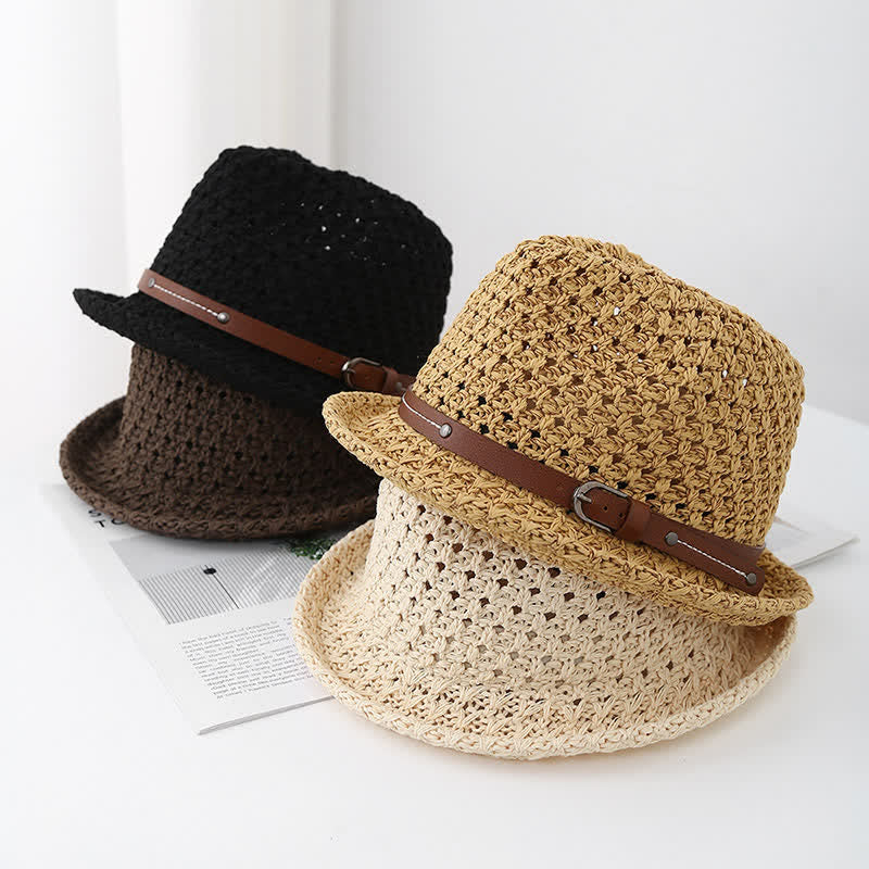 Chapeau Fedora en paille ajourée avec lanière décorative en cuir pour homme