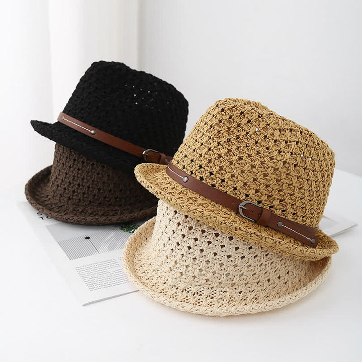 Chapeau Fedora en paille ajourée avec lanière décorative en cuir pour homme